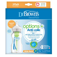 Dr Brown's 270ml Wide Neck Feeding Bottle Options+ with Level 1 Teat 3pk WB936