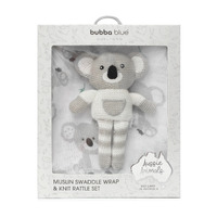 Bubba Blue Aussie Animals Koala Muslin Swaddle Wrap and Knit Rattle Toy Gift Set 10636