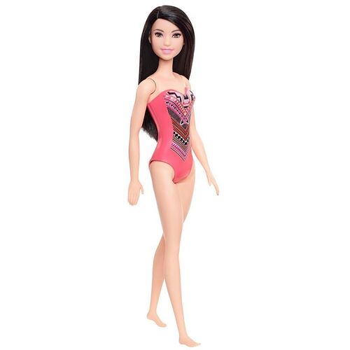 Barbie Beach Doll Black Hair Wearing Pink Swimsuit DWJ99