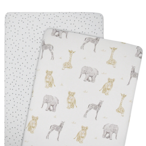 Living Textiles Cotton Jersey Bedside Bassinet/Co-Sleeper/Cradle Fitted Sheets 2 Pack Savanna Babies